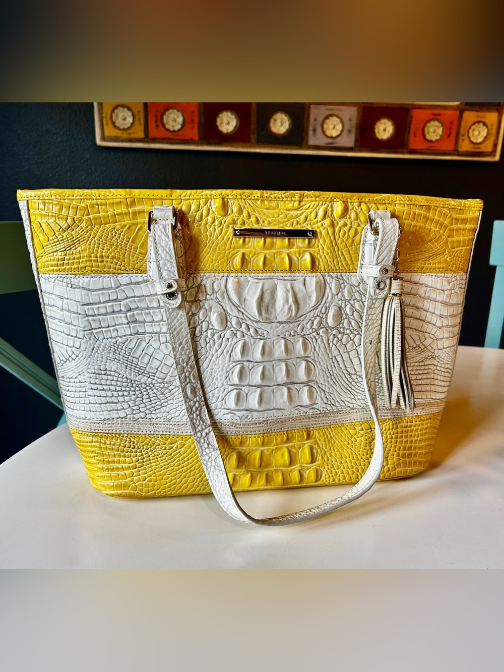 Brahmin Asher Yellow & White Croc-Embossed Tote Bag